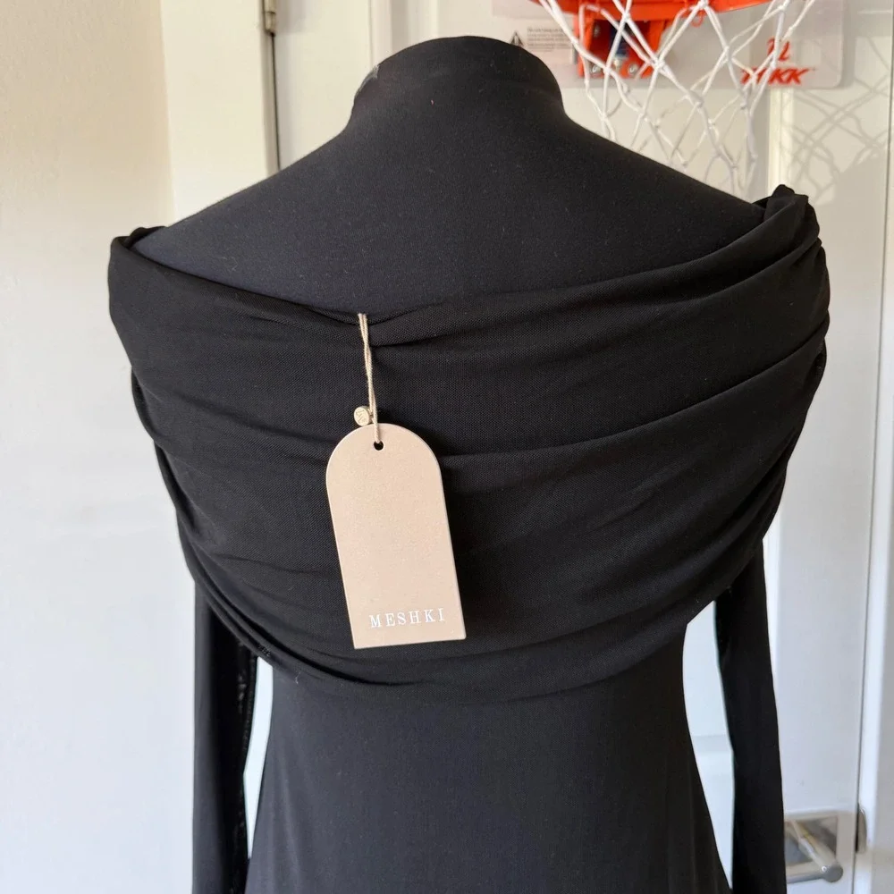 MESHKI Josie Off Shoulder Mesh Maxi Dress Black Women's Long Sleeve Size M - Picture 13 of 16